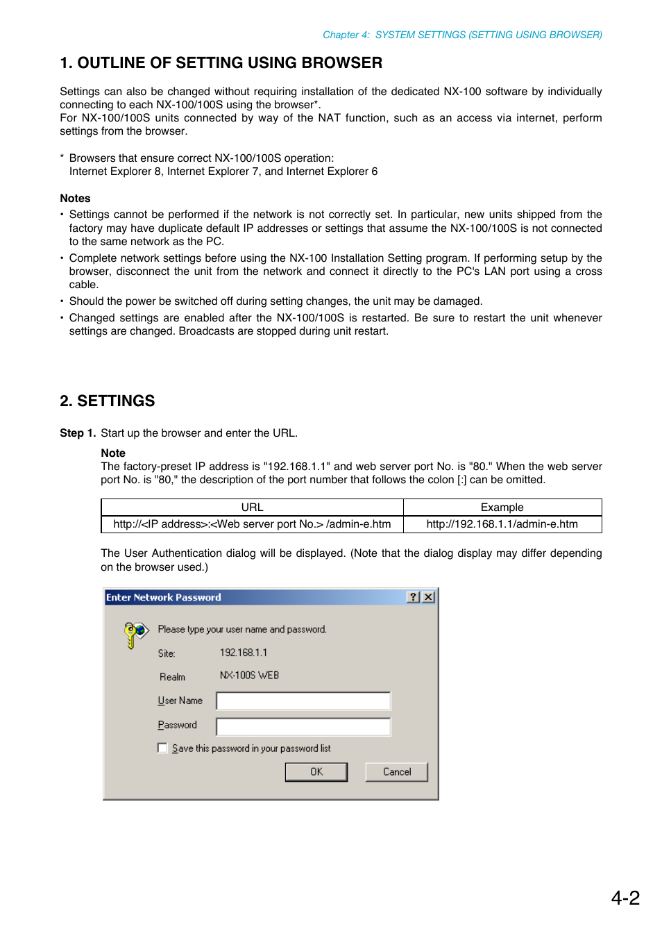 Outline of setting using browser, Settings | Toa NX-100S Installation User Manual | Page 59 / 117