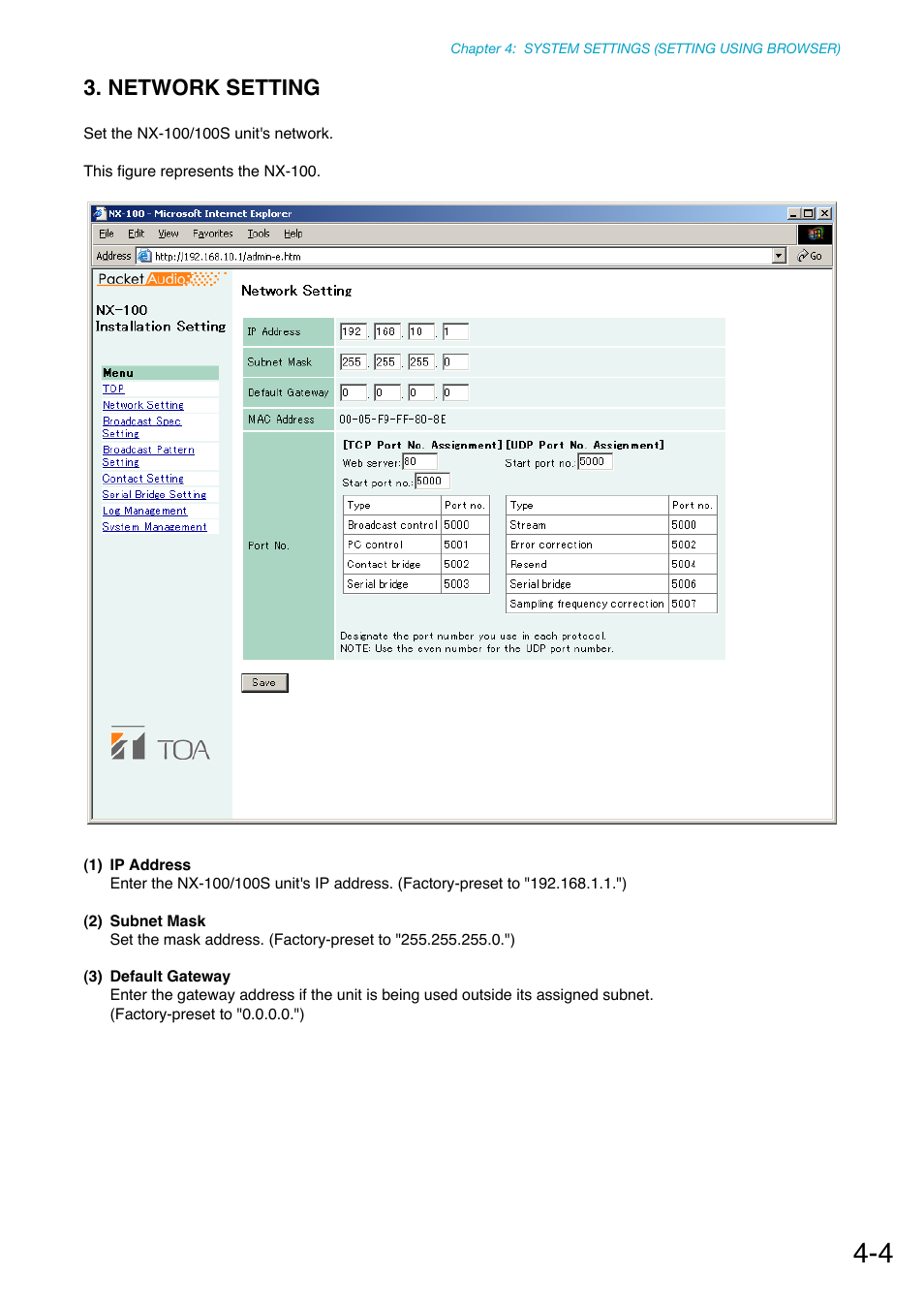 Network setting, P. 4-4 | Toa NX-100S Installation User Manual | Page 61 / 117