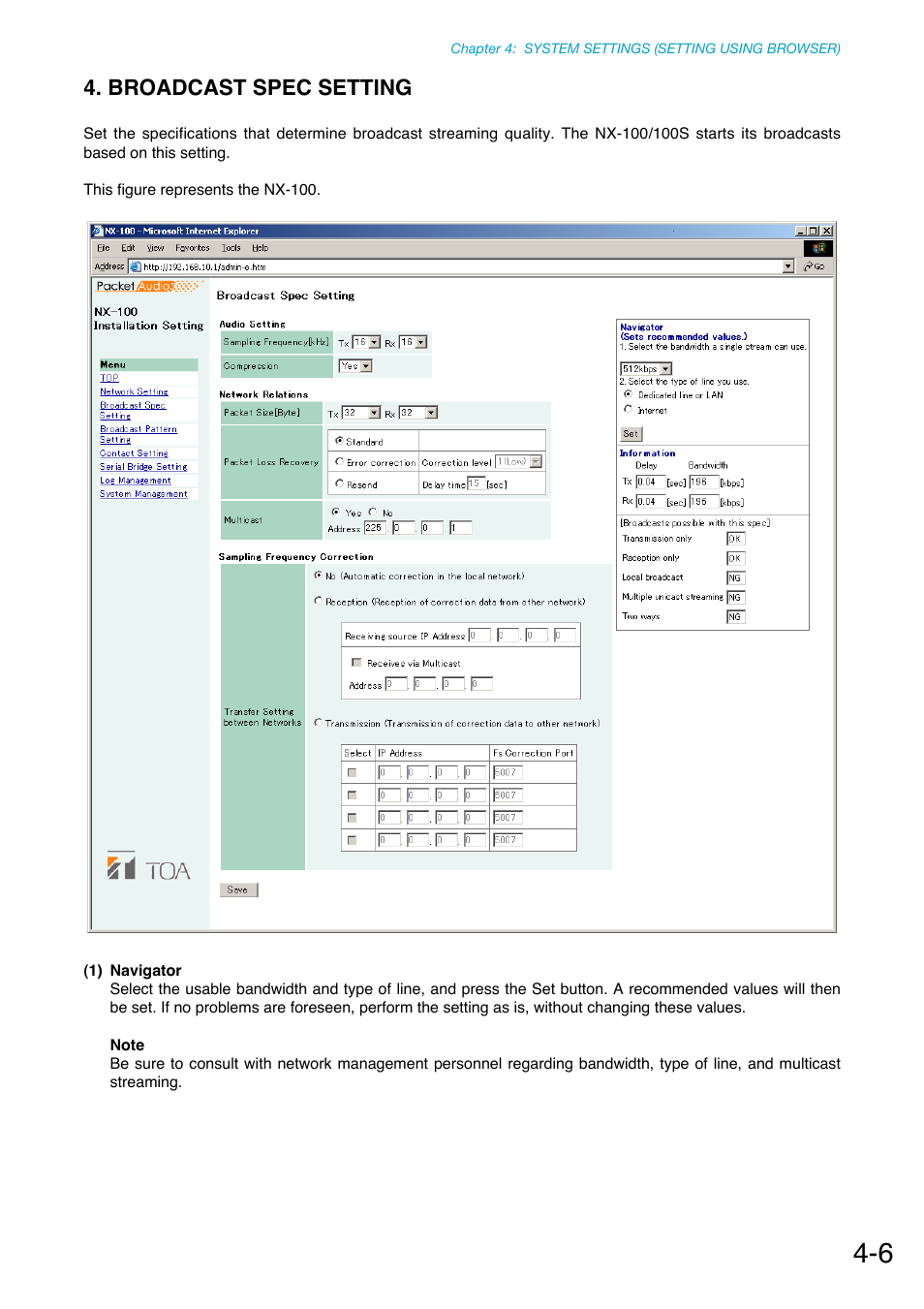 Broadcast spec setting, P. 4-6 | Toa NX-100S Installation User Manual | Page 63 / 117