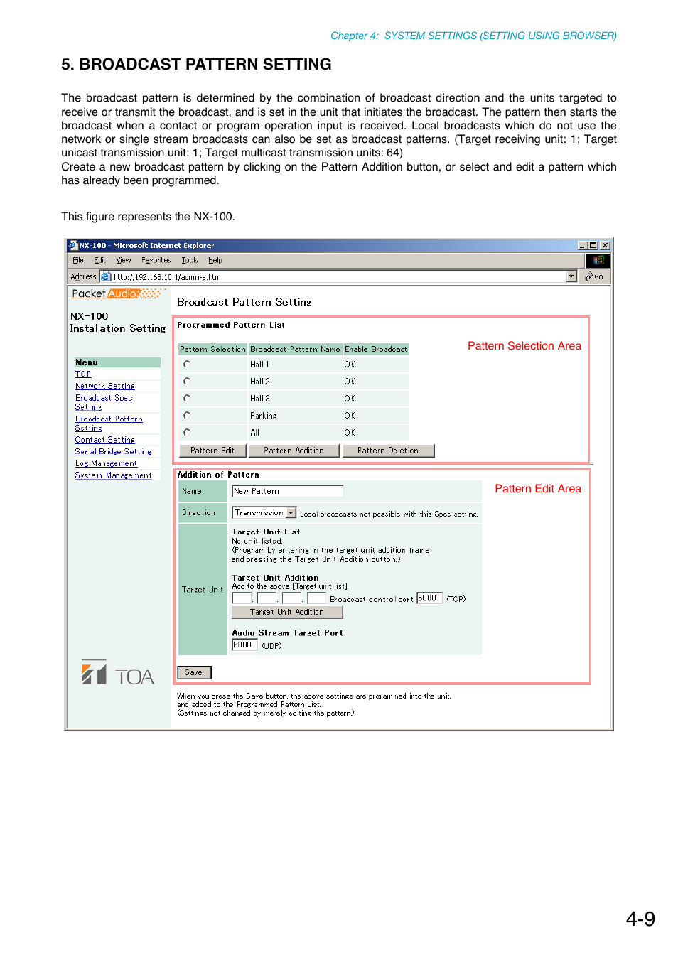 Broadcast pattern setting, P. 4-9 | Toa NX-100S Installation User Manual | Page 66 / 117