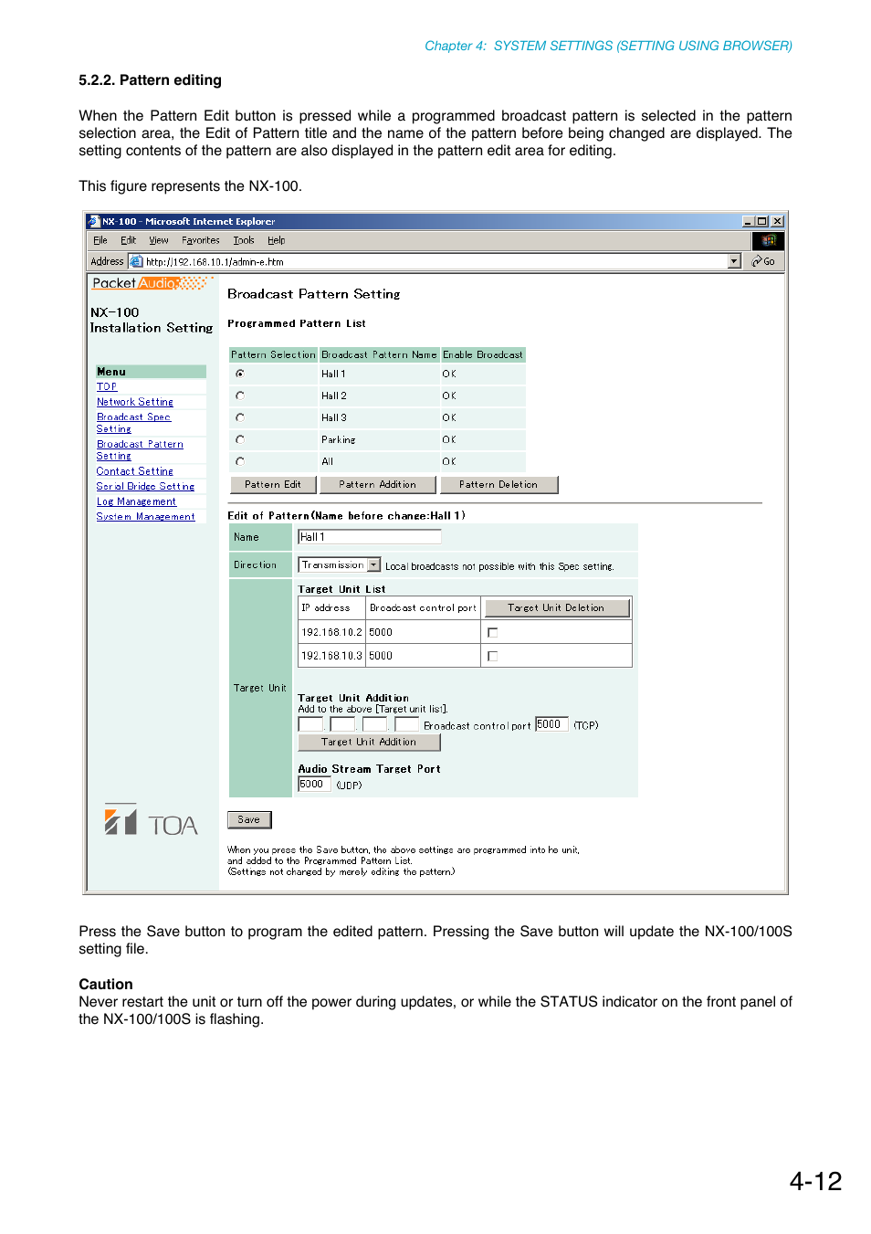 Pattern editing | Toa NX-100S Installation User Manual | Page 69 / 117