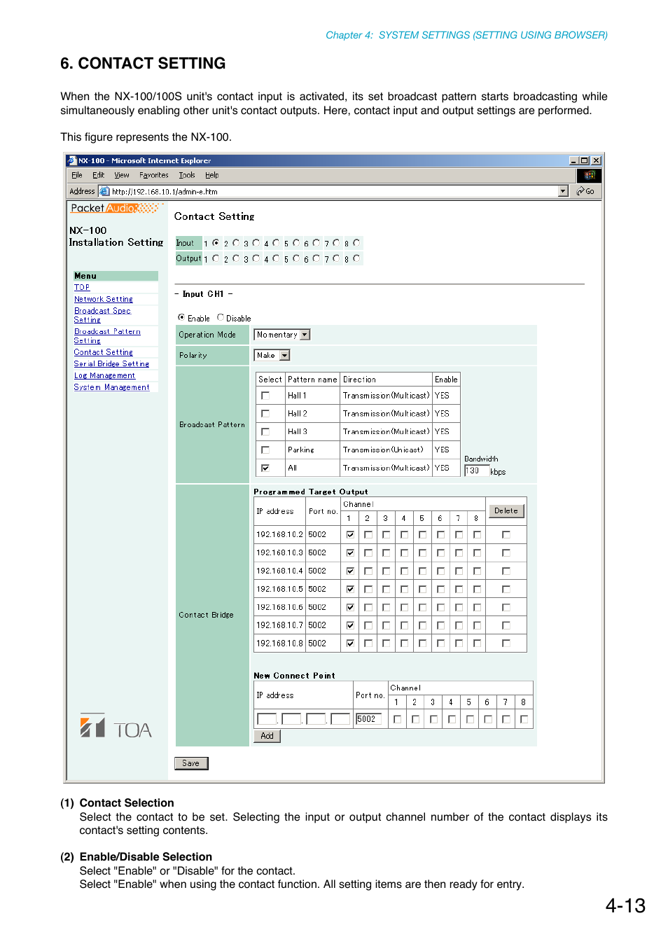 Contact setting, P. 4-13 | Toa NX-100S Installation User Manual | Page 70 / 117