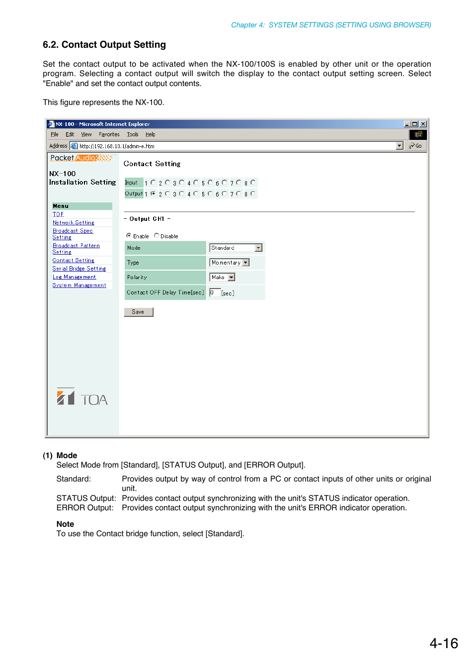Contact output setting | Toa NX-100S Installation User Manual | Page 73 / 117