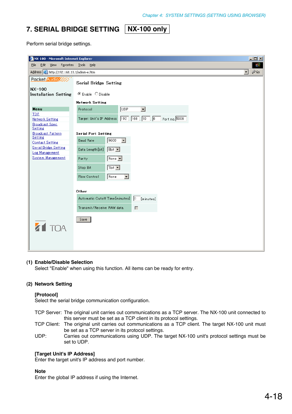 Serial bridge setting, Nx-100 only, P. 4-18 | Serial bridge setting nx-100 only | Toa NX-100S Installation User Manual | Page 75 / 117