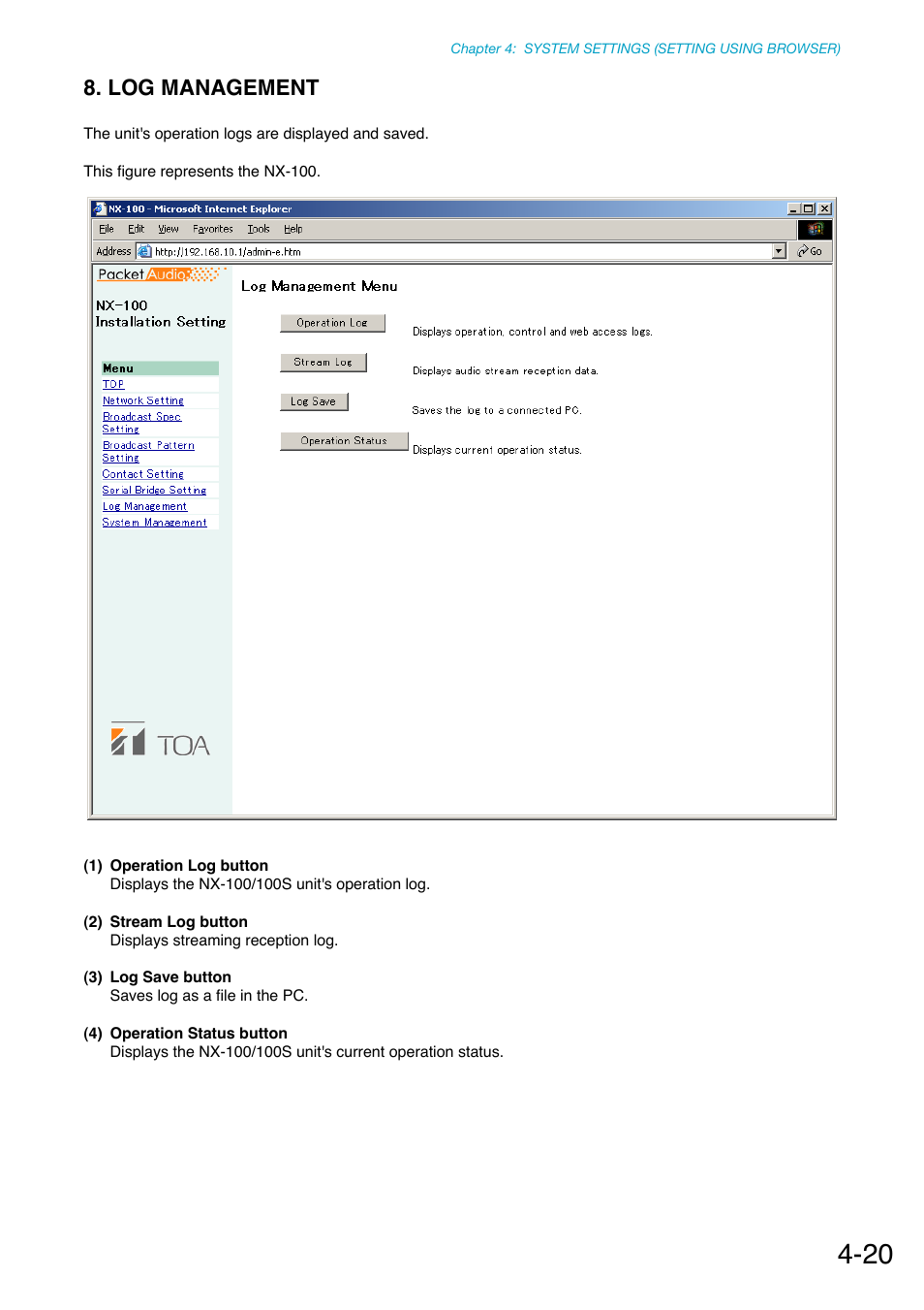 Log management, P. 4-20 | Toa NX-100S Installation User Manual | Page 77 / 117