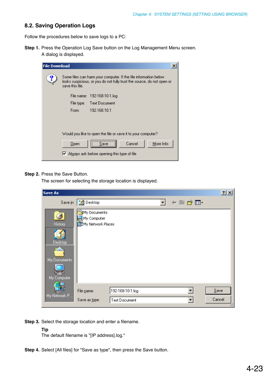 Saving operation logs | Toa NX-100S Installation User Manual | Page 80 / 117