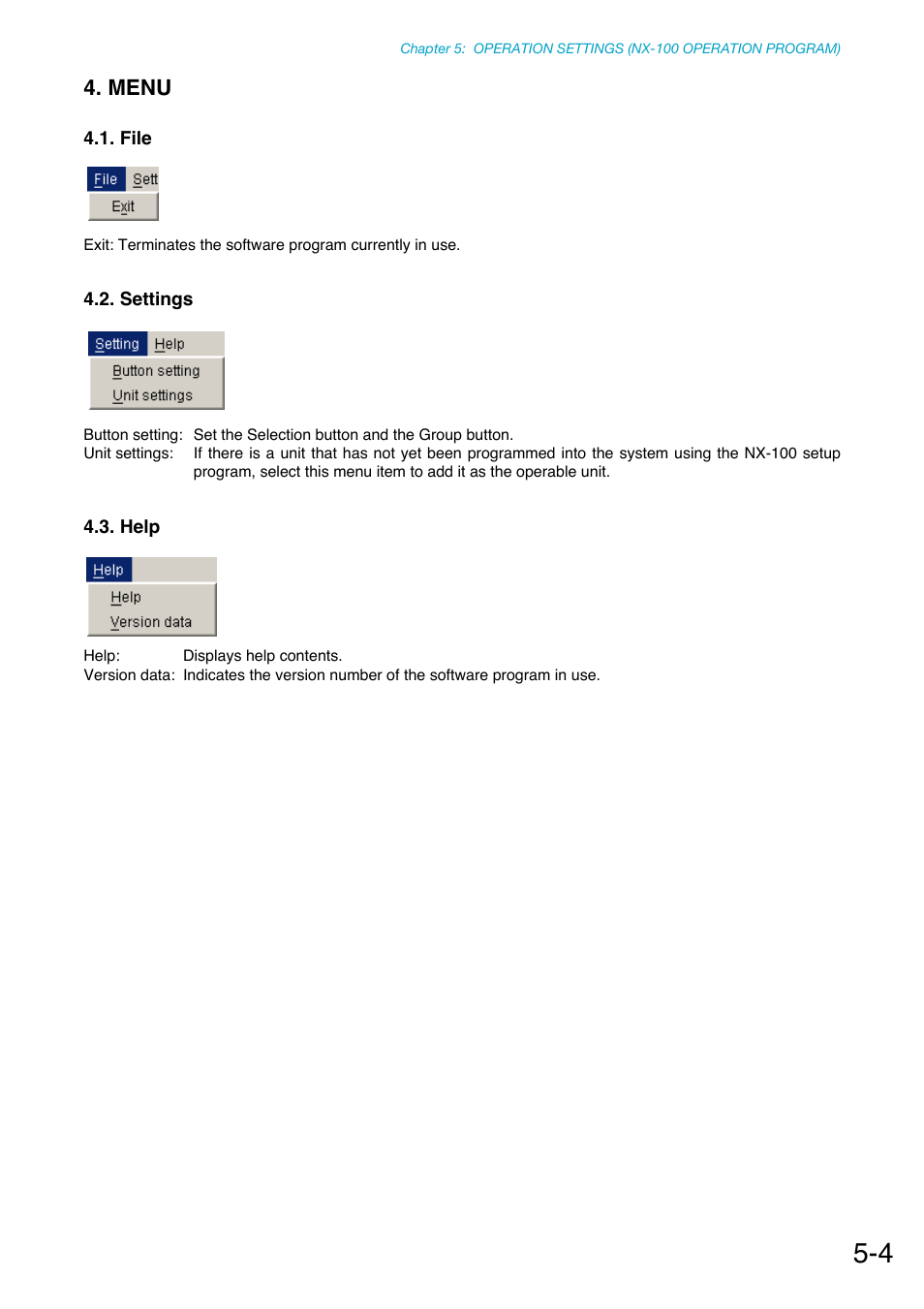 Menu, File, Settings | Help | Toa NX-100S Installation User Manual | Page 92 / 117