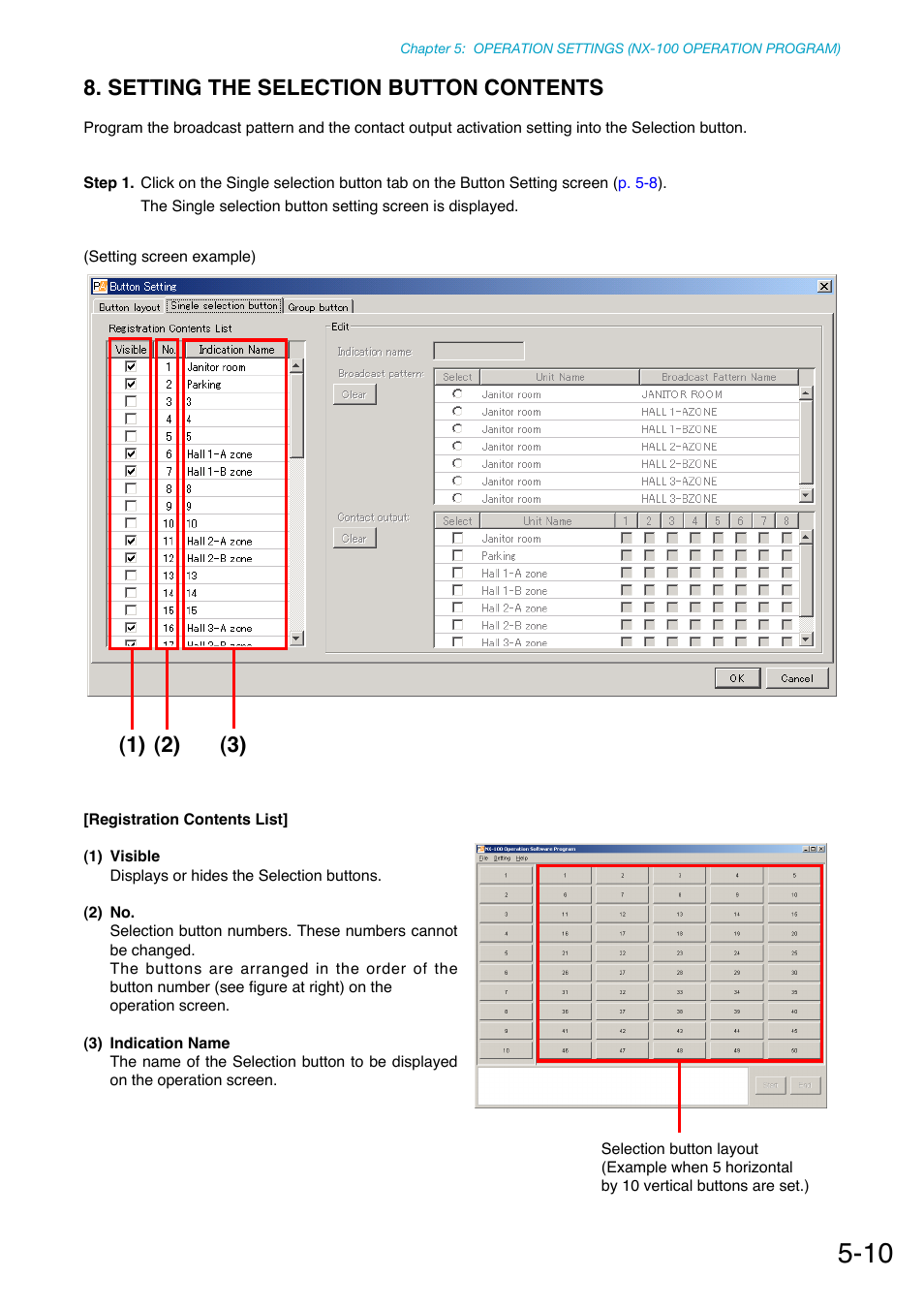 Setting the selection button contents | Toa NX-100S Installation User Manual | Page 98 / 117