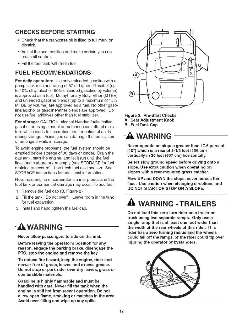 Checks before starting, Fuel recommendations, Warning | Warning - trailers | Craftsman 107.277700 User Manual | Page 12 / 100