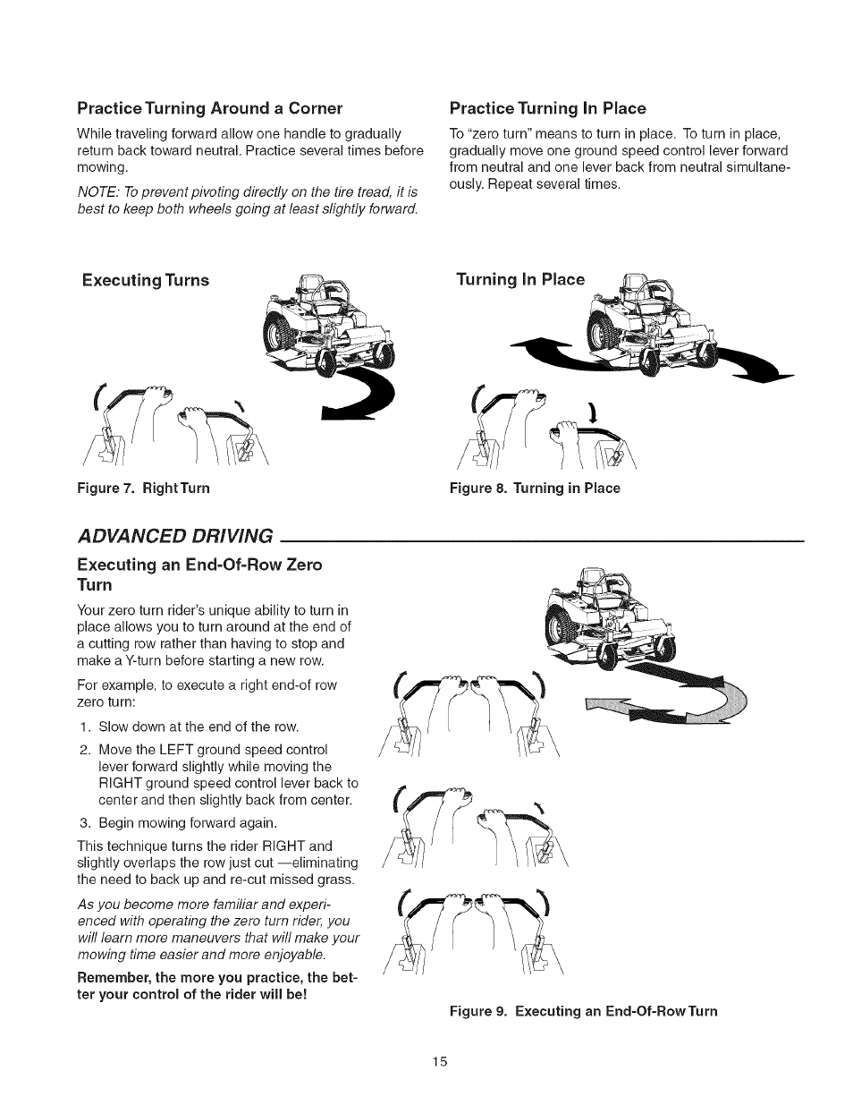 Practice turning around a corner, Practice turning in place, Executing turns | Turning in place, Executing an end-of-row zero turn, Advanced driving | Craftsman 107.277700 User Manual | Page 15 / 100