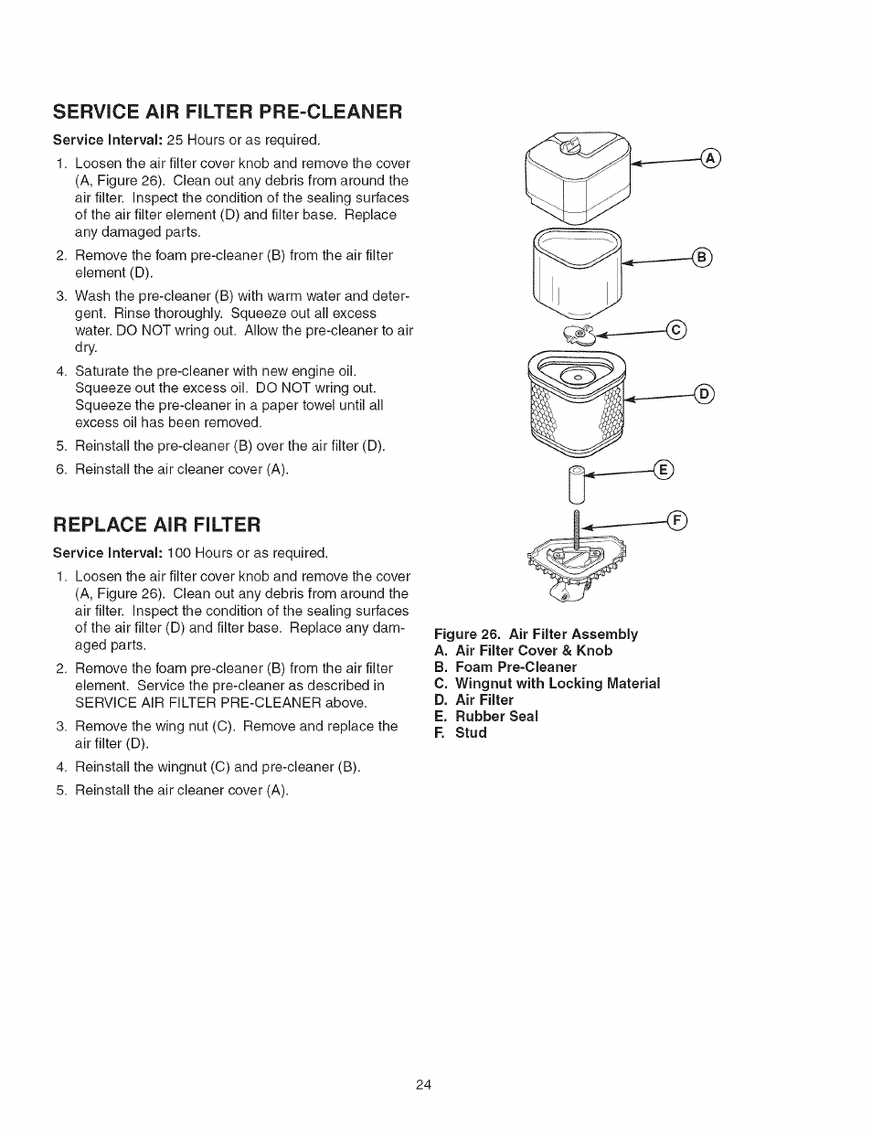 Service air filter pre-cleaner, Replace air filter, Filter | Craftsman 107.277700 User Manual | Page 24 / 100