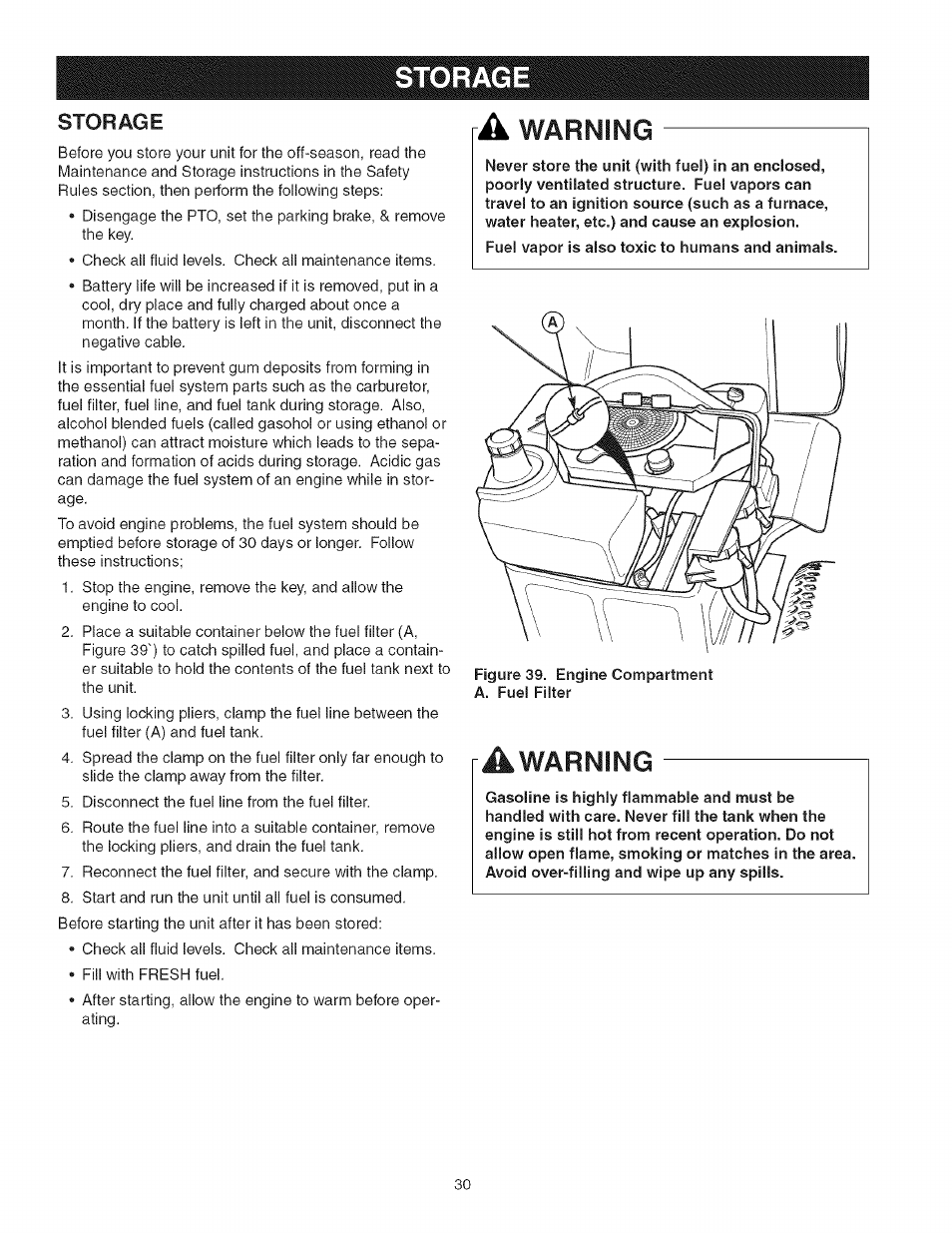 Storage, A warning, Warning | Craftsman 107.277700 User Manual | Page 30 / 100