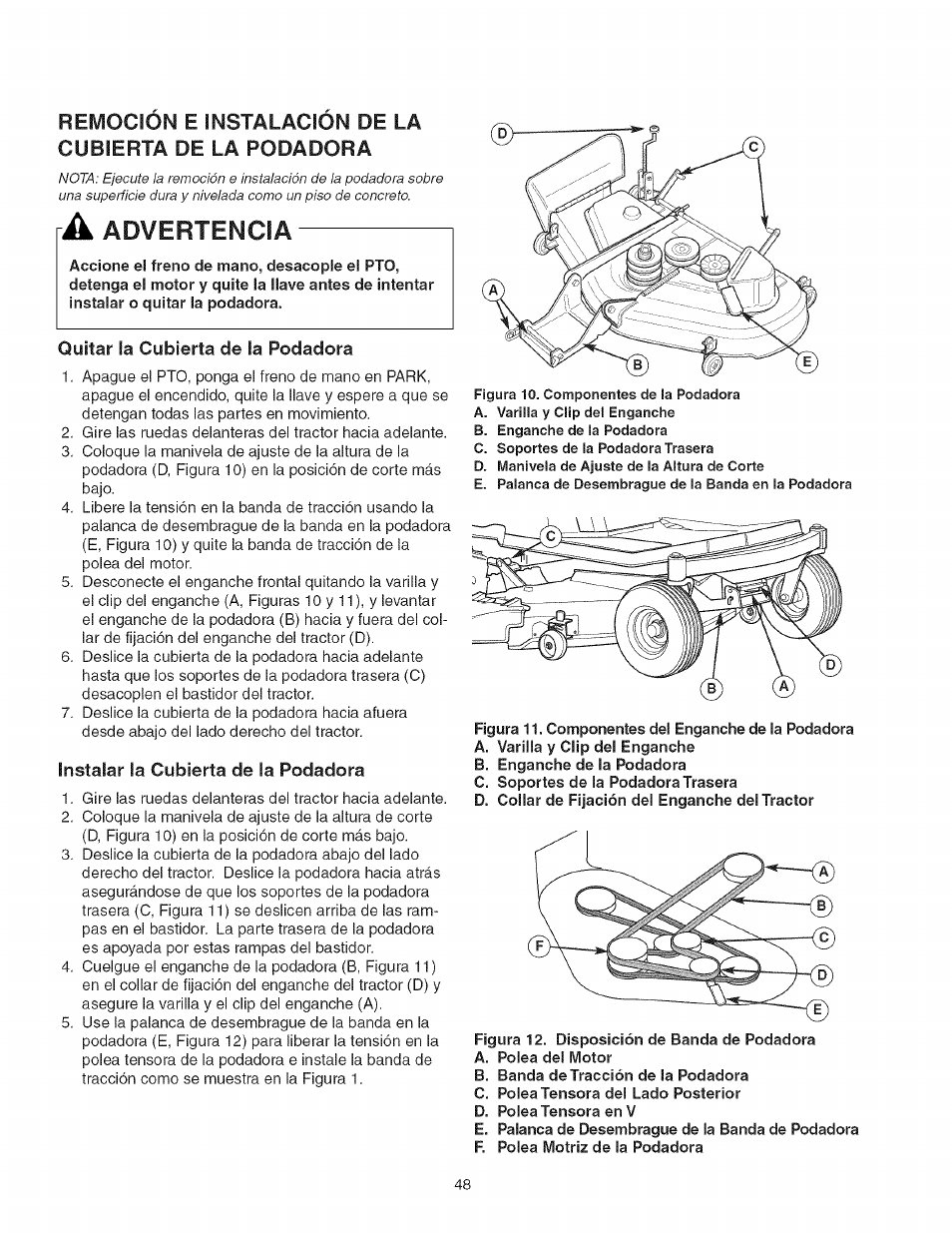 Remoción e instalación de la, Cubierta de la rodadora, Quitar la cubierta de la rodadora | Instalar la cubierta de la rodadora, Advertencia | Craftsman 107.277700 User Manual | Page 48 / 100