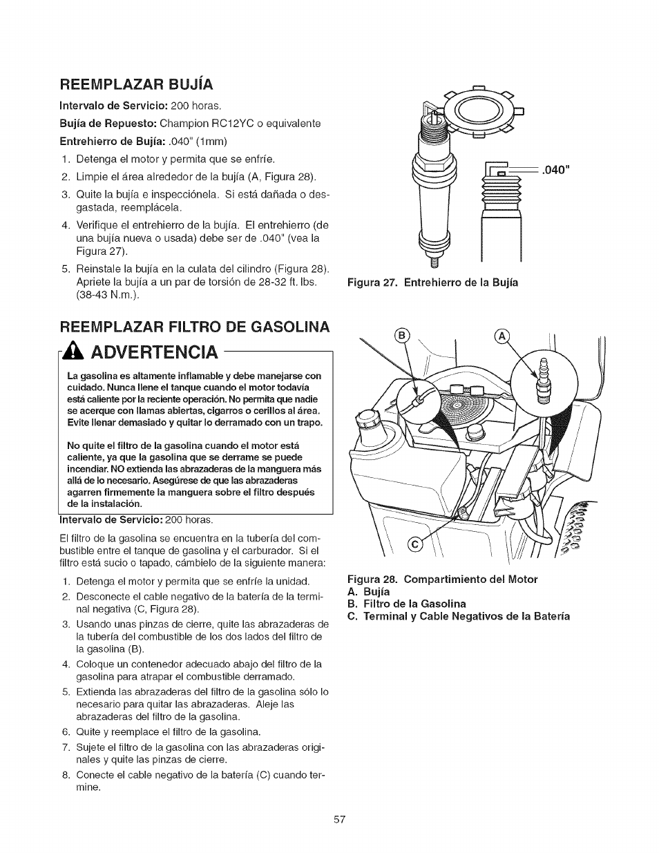 Reemplazar bujia, Reemplazar filtro de gasolina, Advertencia | Craftsman 107.277700 User Manual | Page 57 / 100