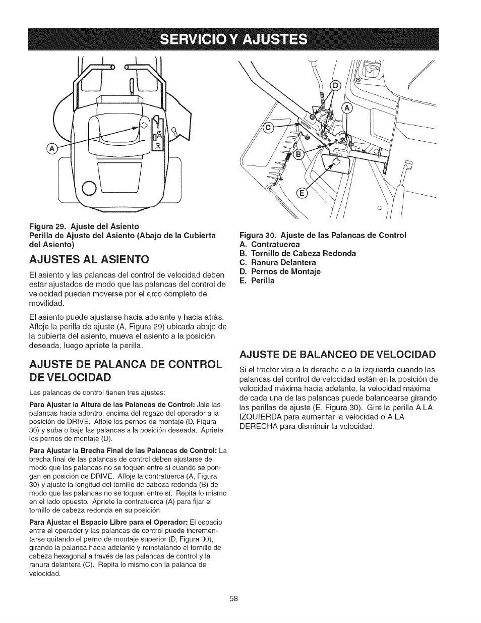 Ajustes al asiento, Ajuste de palanca de control de velocidad, Ajuste de balanceo de velocidad | Servicio y ajustes | Craftsman 107.277700 User Manual | Page 58 / 100