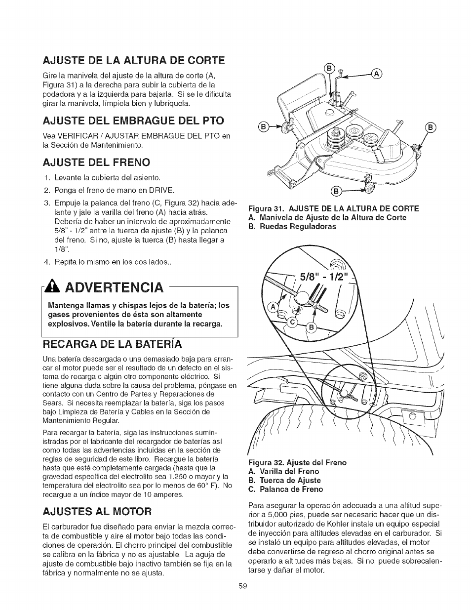 Ajuste de la altura de corte, Ajuste del embrague del pto, Ajuste del freno | Recarga de la bateria, Ajustes al motor, Advertencia | Craftsman 107.277700 User Manual | Page 59 / 100
