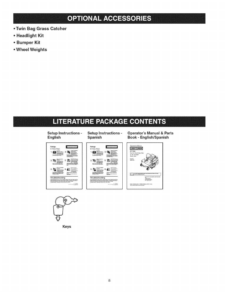 Optional accessories, Literature package contents | Craftsman 107.277700 User Manual | Page 8 / 100