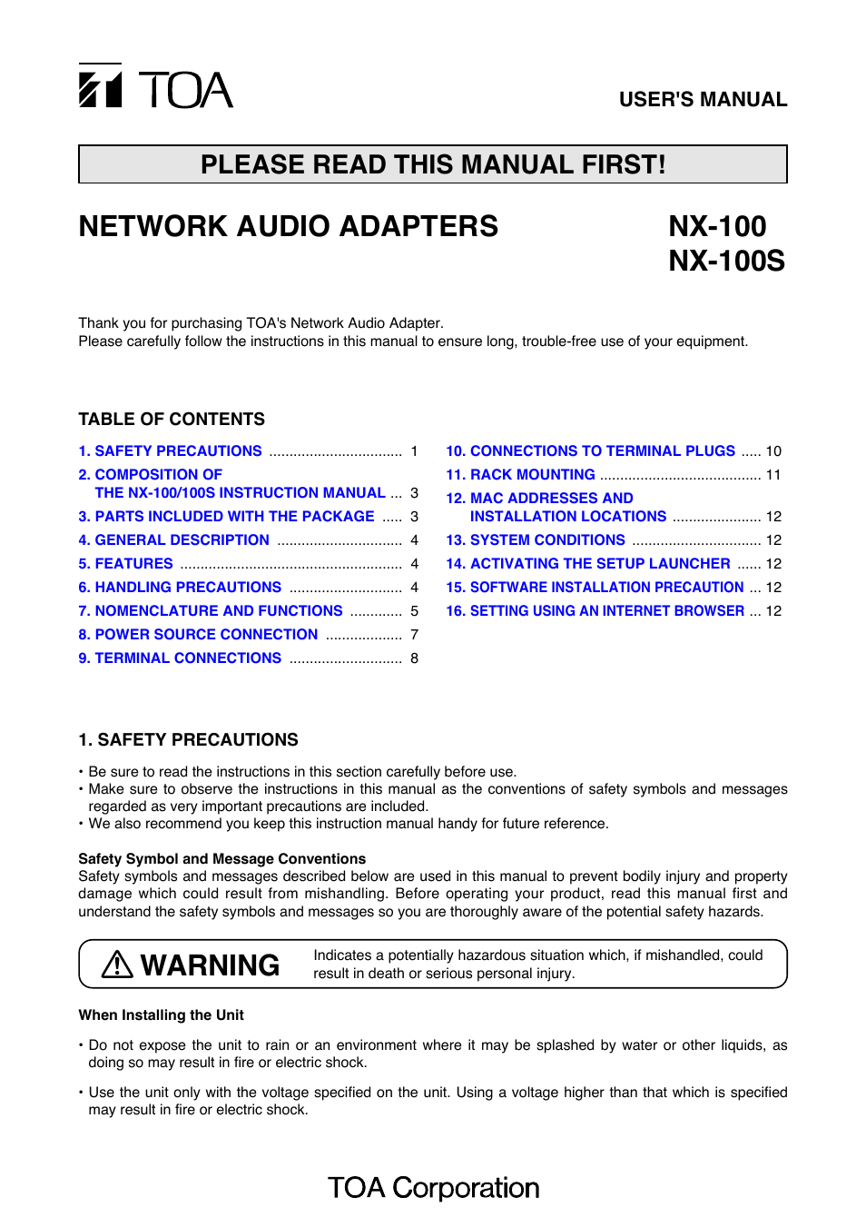 Toa NX-100S Read Me First User Manual | 12 pages