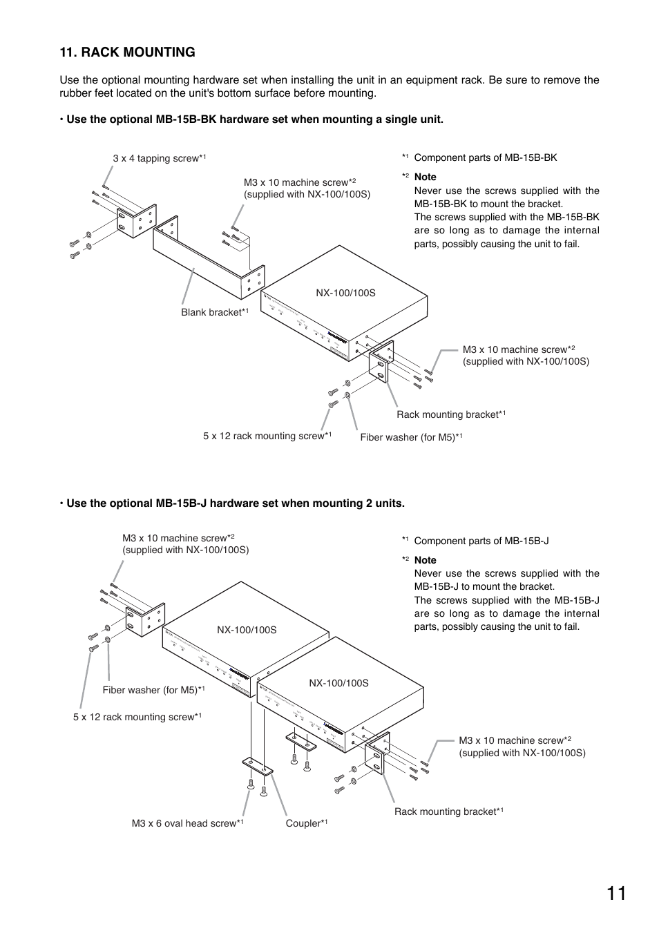 Rack mounting, Blank bracket, Fiber washer (for m5) | 5 x 12 rack mounting screw, 3 x 4 tapping screw, Coupler, M3 x 6 oval head screw, Component parts of mb-15b-bk, Component parts of mb-15b-j | Toa NX-100S Read Me First User Manual | Page 11 / 12