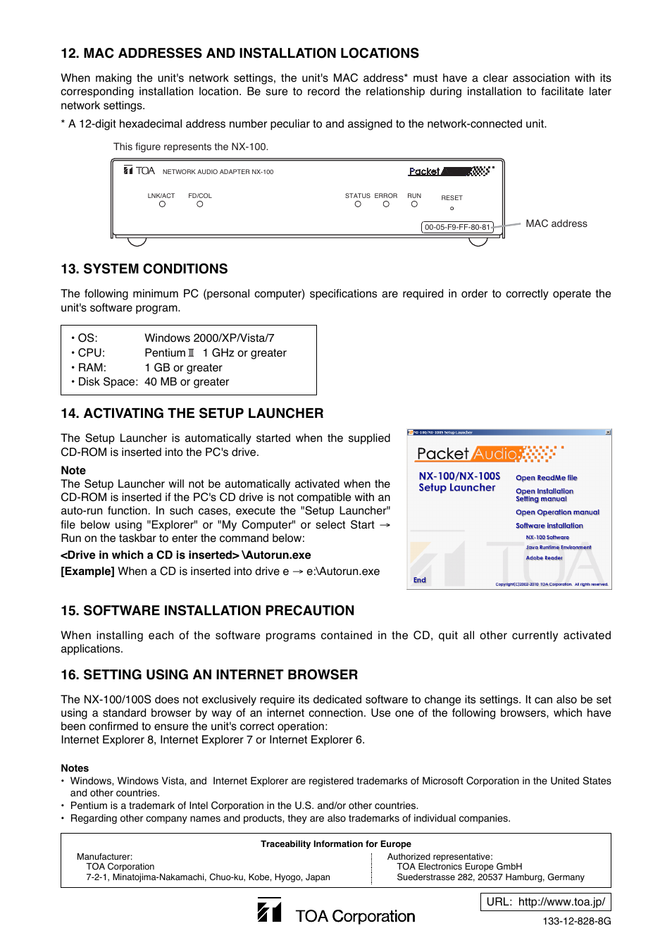 Mac addresses and, Installation locations, System conditions | Activating the setup launcher, Software installation precaution, Setting using an internet browser | Toa NX-100S Read Me First User Manual | Page 12 / 12