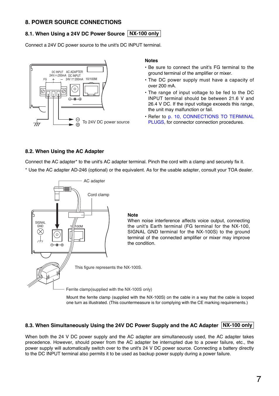 Power source connection, Power source connections | Toa NX-100S Read Me First User Manual | Page 7 / 12