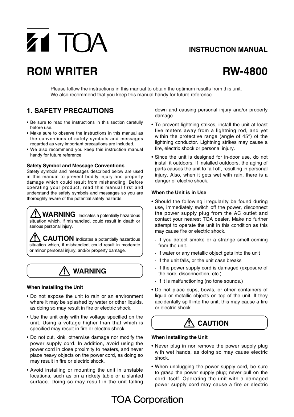 Toa RW-4800 User Manual | 4 pages