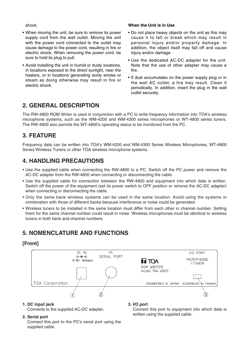 General description, Feature, Handling precautions | Nomenclature and functions | Toa RW-4800 User Manual | Page 2 / 4