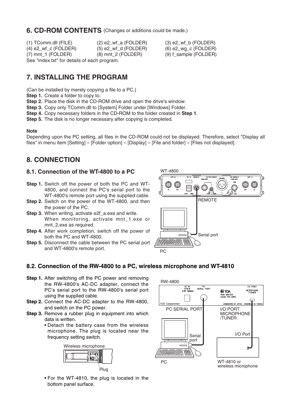 Cd-rom contents, Installing the program, Connection | Toa RW-4800 User Manual | Page 3 / 4