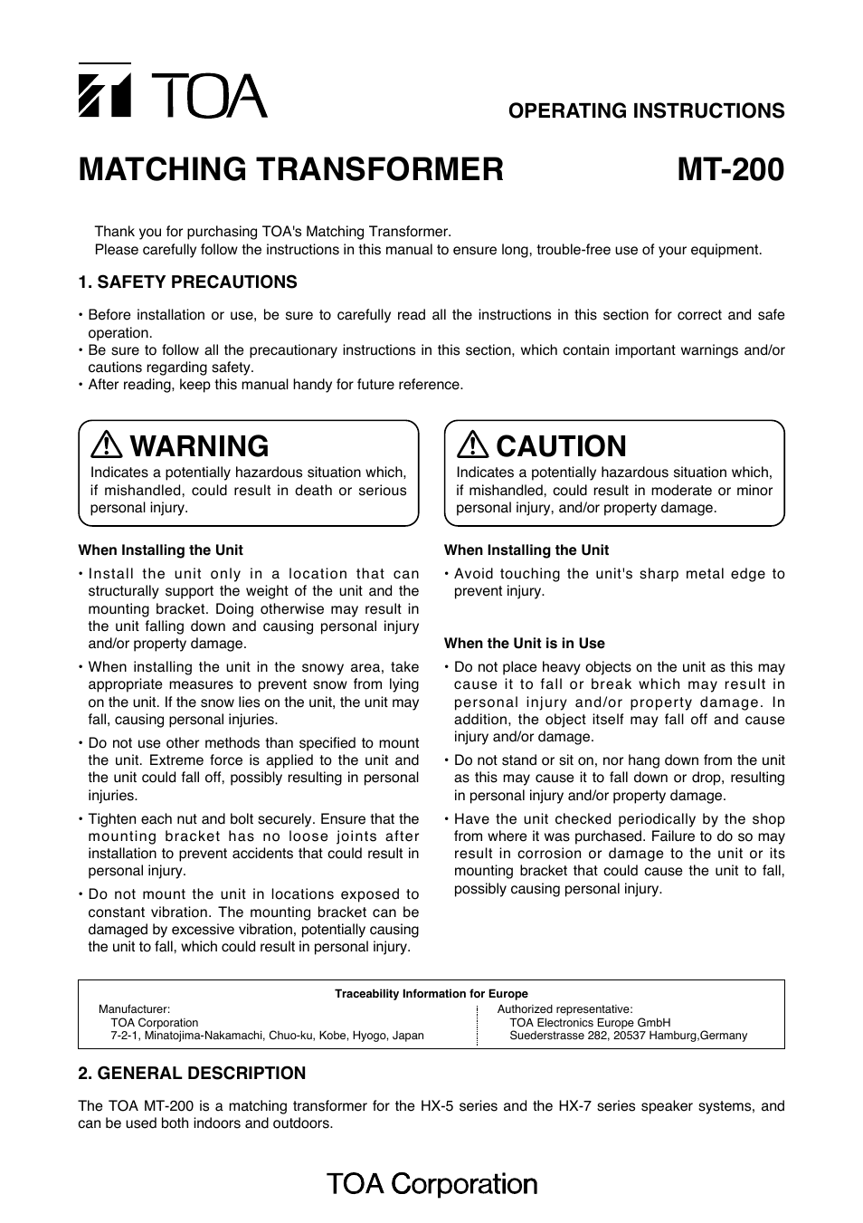 Toa MT-200 User Manual | 4 pages