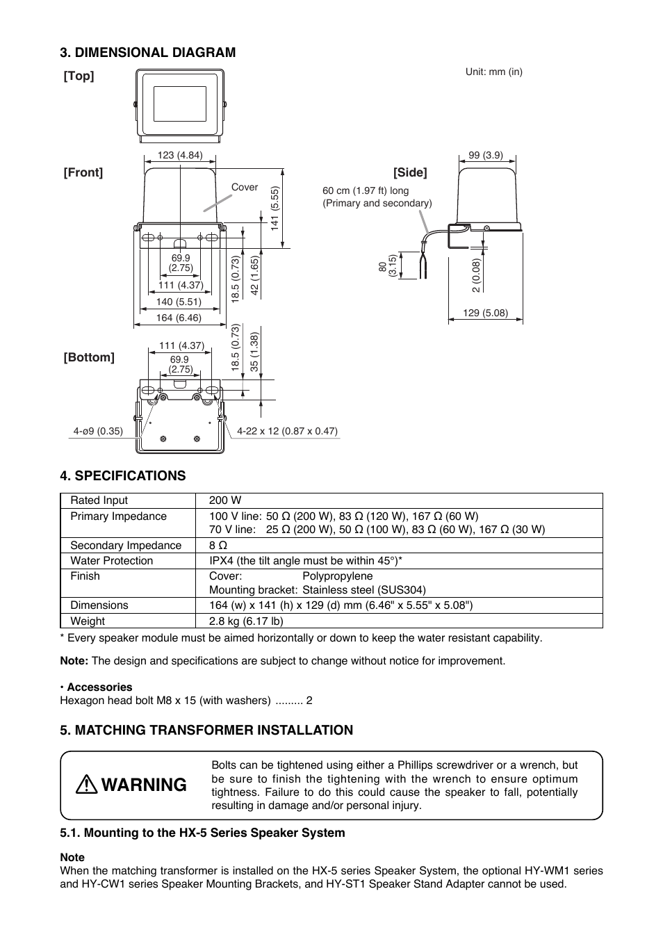 Warning, Dimensional diagram, Matching transformer installation | Specifications | Toa MT-200 User Manual | Page 2 / 4