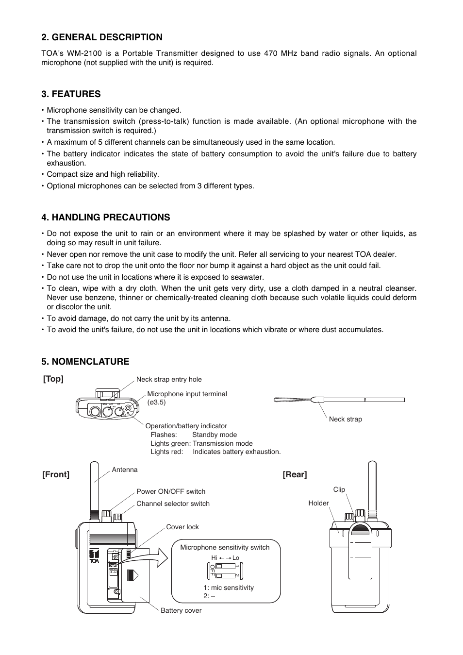 General description, Features, Handling precautions | Nomenclature, Top] [front] [rear | Toa WM-2100 User Manual | Page 2 / 4