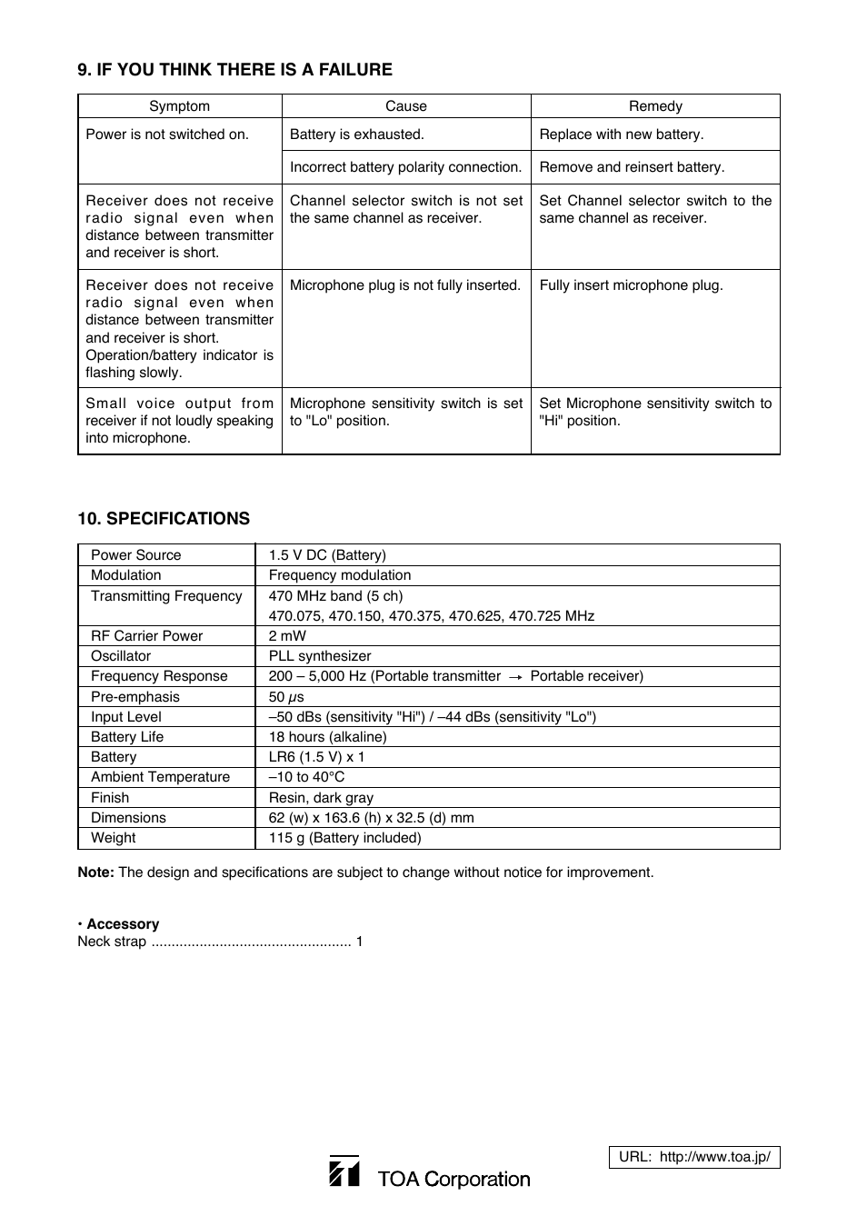 Specifications, If you think there is a failure | Toa WM-2100 User Manual | Page 4 / 4