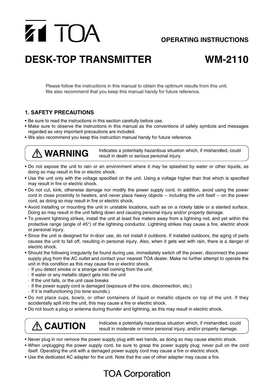 Toa WM-2110 User Manual | 4 pages