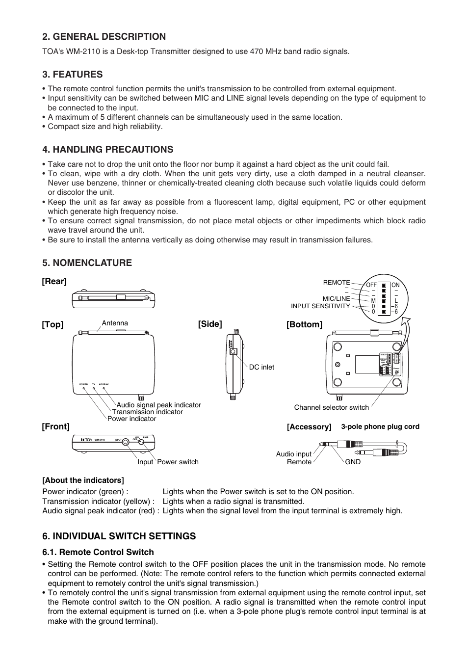 General description, Features, Handling precautions | Nomenclature, Individual switch settings, Rear] [top] [side] [bottom, Front, Remote control switch, Accessory | Toa WM-2110 User Manual | Page 2 / 4