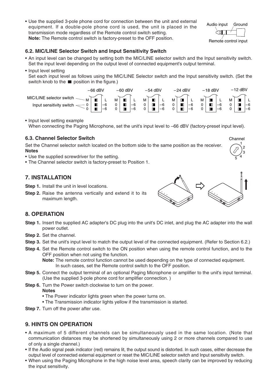 Installation, Operation, Hints on operation | Toa WM-2110 User Manual | Page 3 / 4