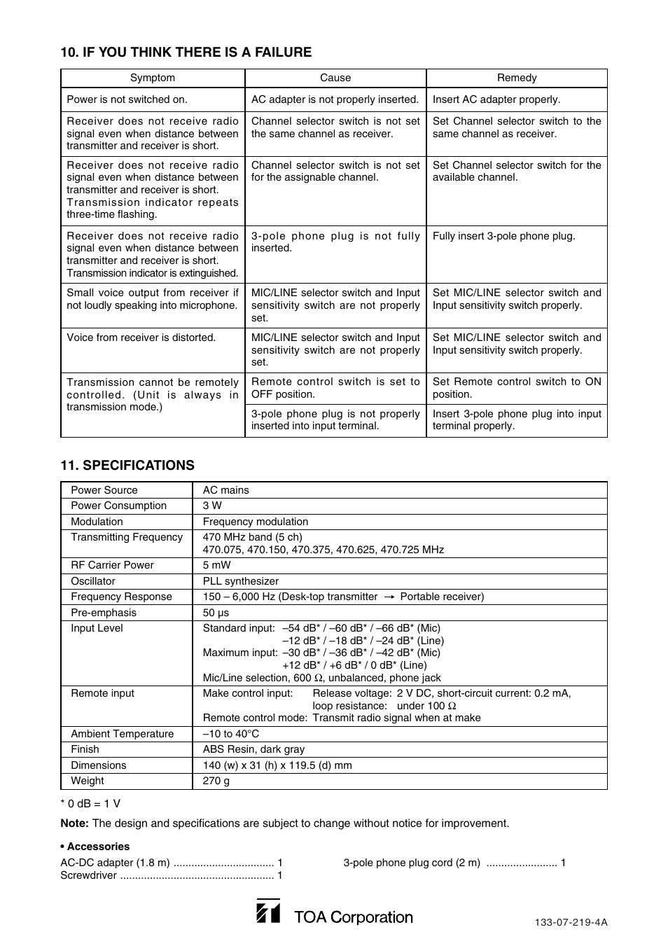 If you think there is a failure 11. specifications | Toa WM-2110 User Manual | Page 4 / 4