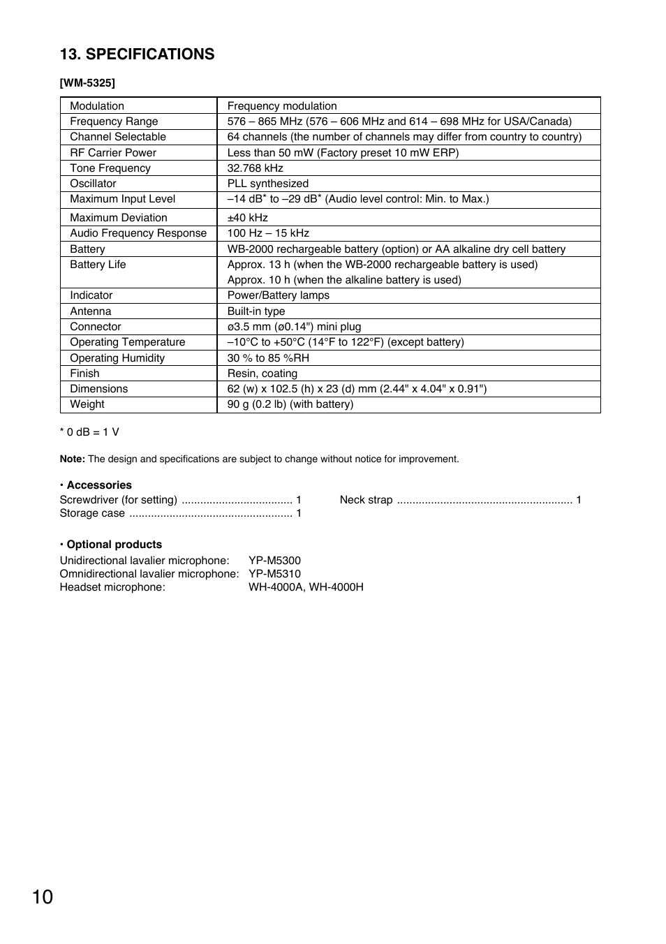 Specifications | Toa WM-5325 User Manual | Page 10 / 64