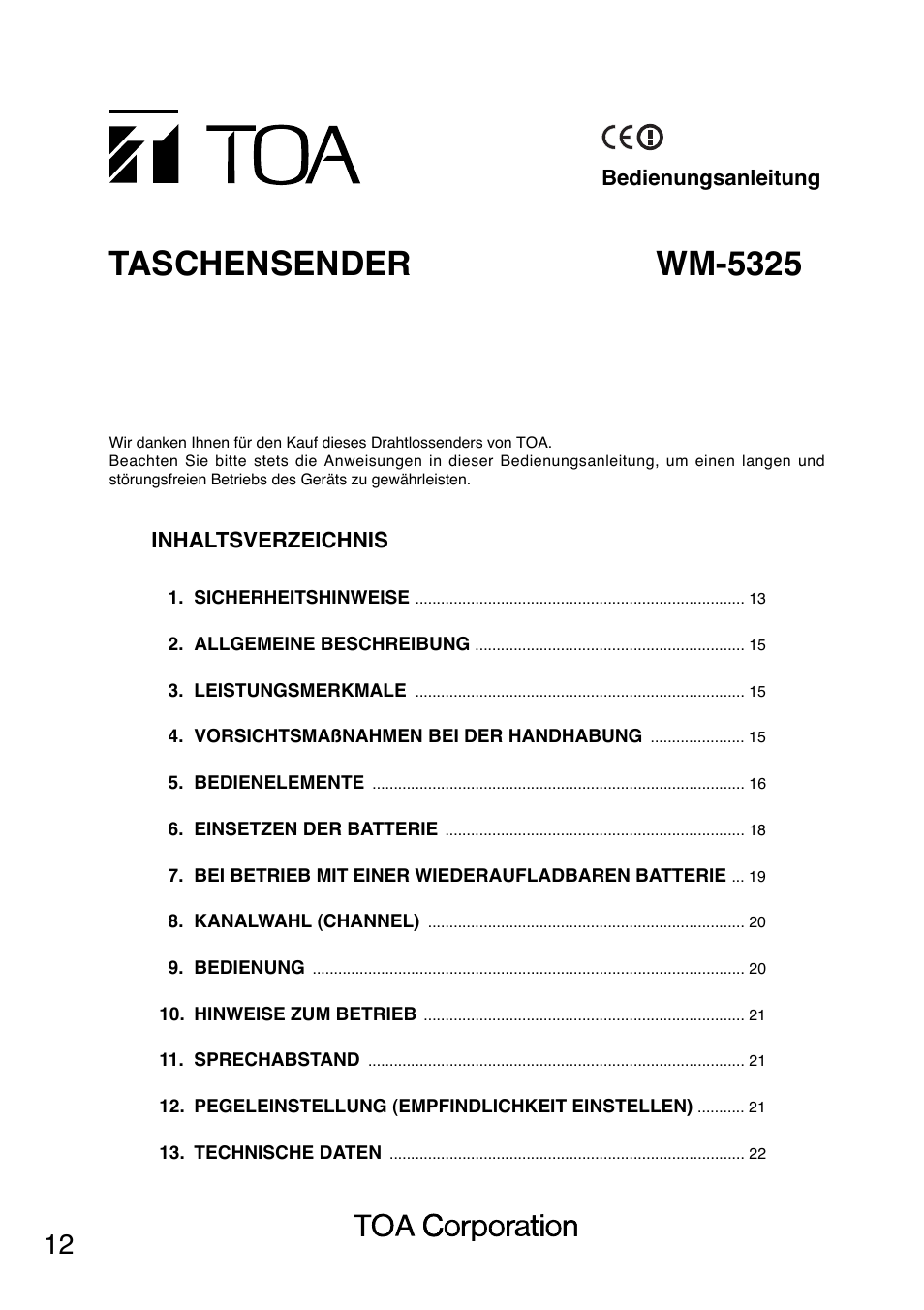 Taschensender wm-5325 | Toa WM-5325 User Manual | Page 12 / 64