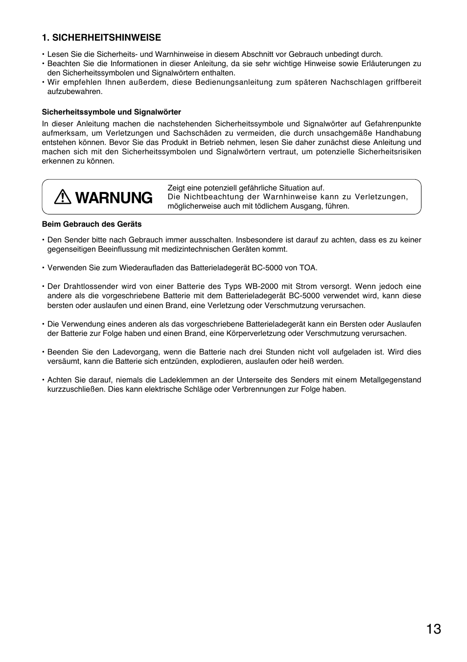 Warnung | Toa WM-5325 User Manual | Page 13 / 64