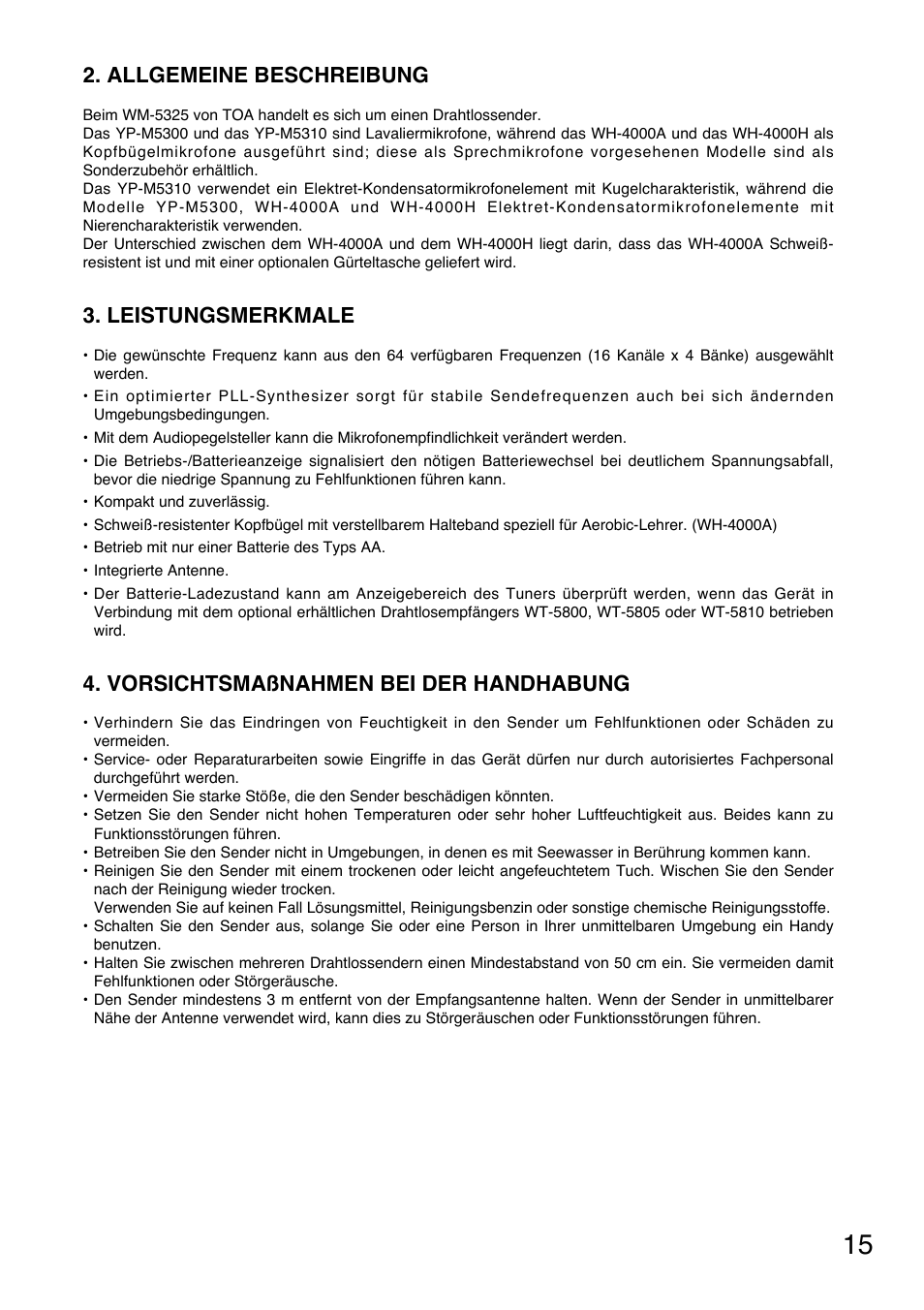 Allgemeine beschreibung, Leistungsmerkmale, Vorsichtsmaßnahmen bei der handhabung | Toa WM-5325 User Manual | Page 15 / 64