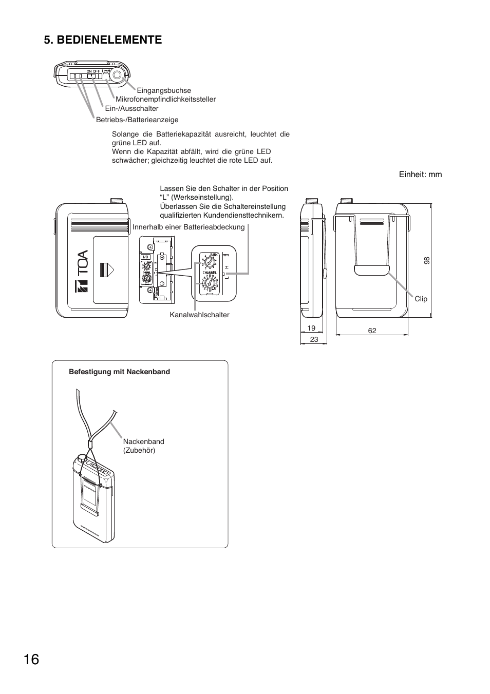 Bedienelemente | Toa WM-5325 User Manual | Page 16 / 64