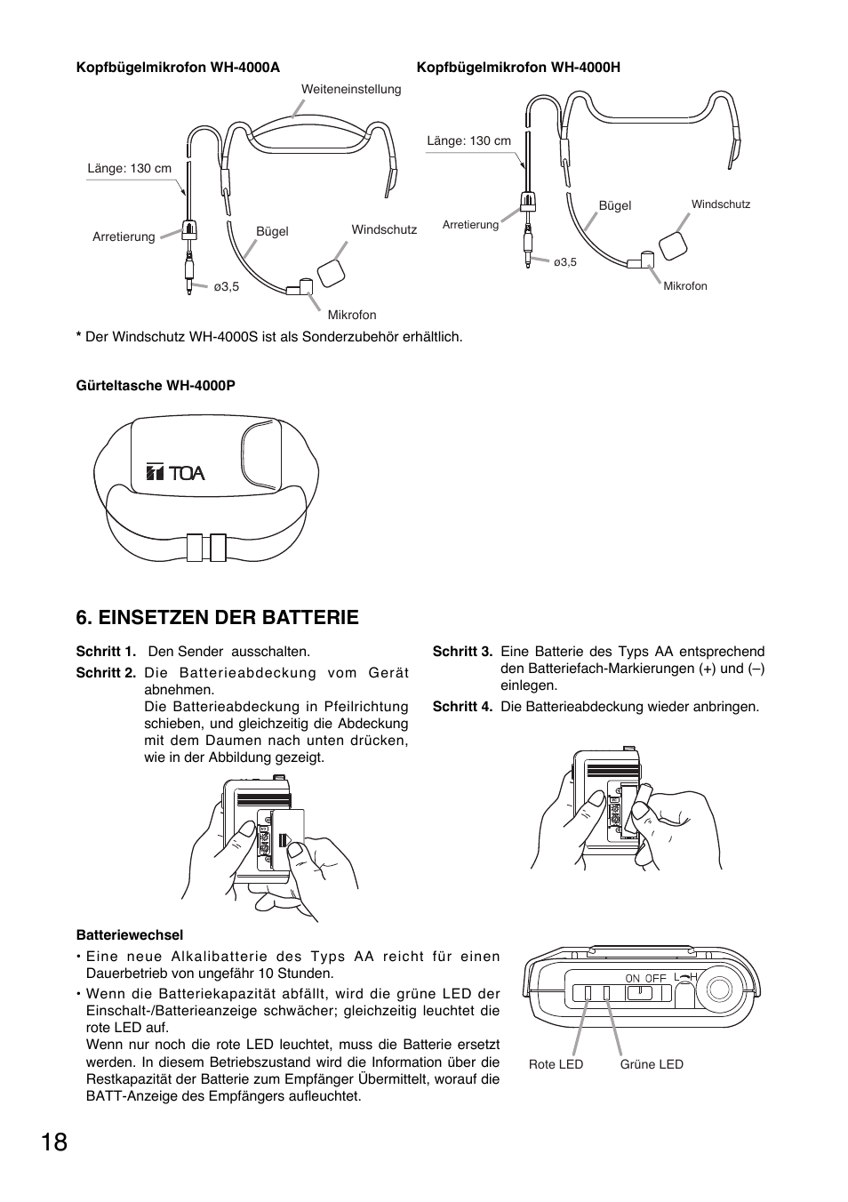 Einsetzen der batterie | Toa WM-5325 User Manual | Page 18 / 64