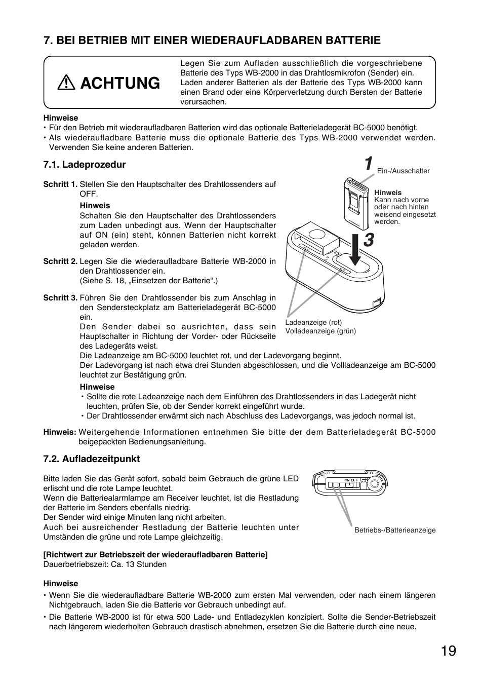 Achtung, Bei betrieb mit einer wiederaufladbaren batterie | Toa WM-5325 User Manual | Page 19 / 64