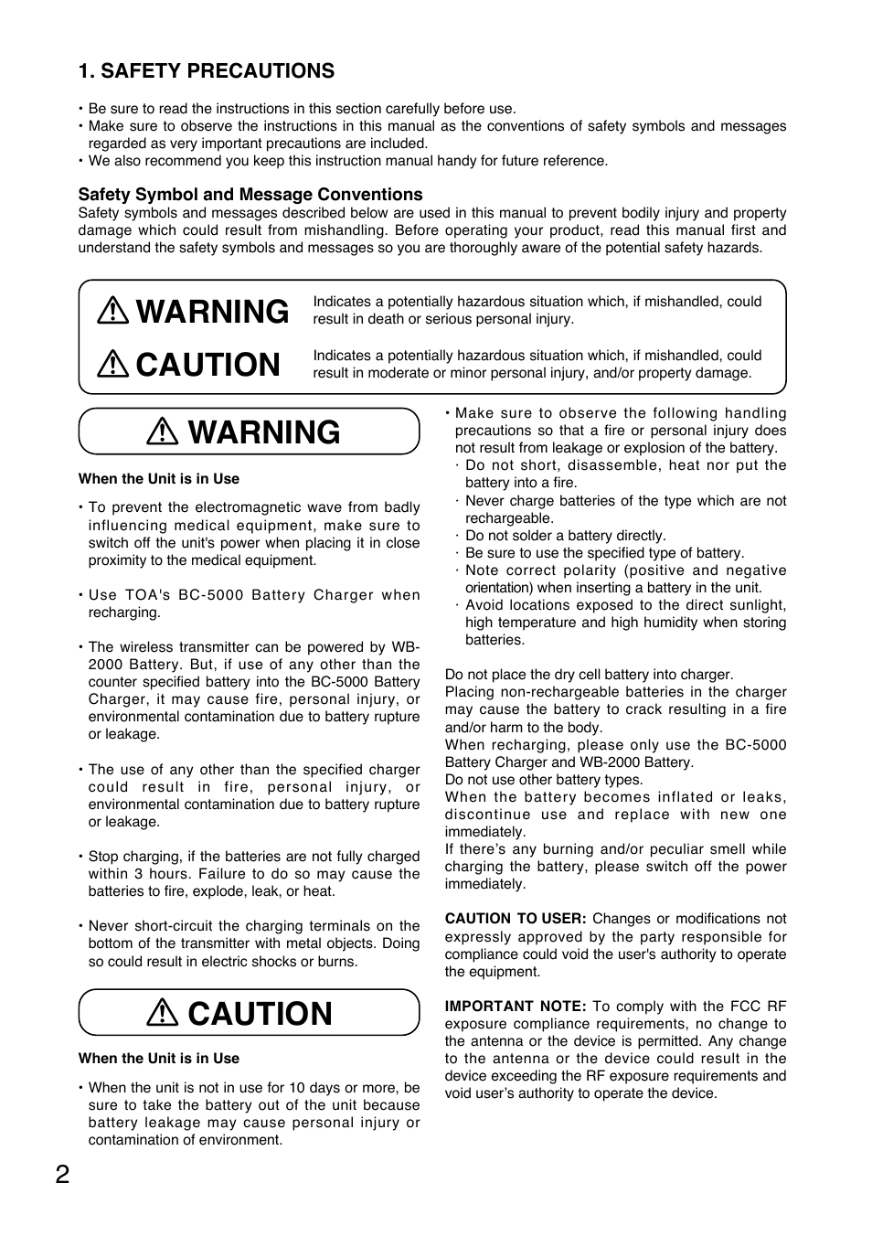 Warning caution, Safety precautions | Toa WM-5325 User Manual | Page 2 / 64