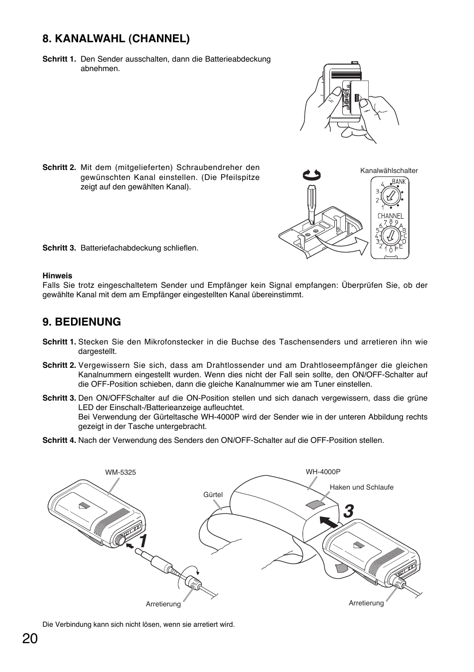 Bedienung, Kanalwahl (channel) | Toa WM-5325 User Manual | Page 20 / 64