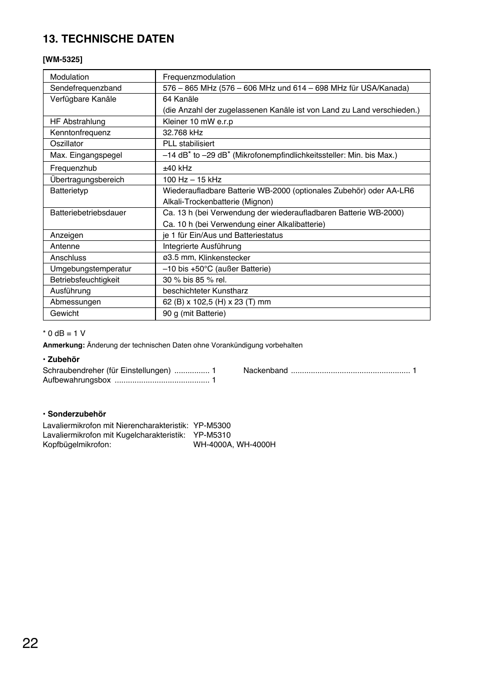 Technische daten | Toa WM-5325 User Manual | Page 22 / 64