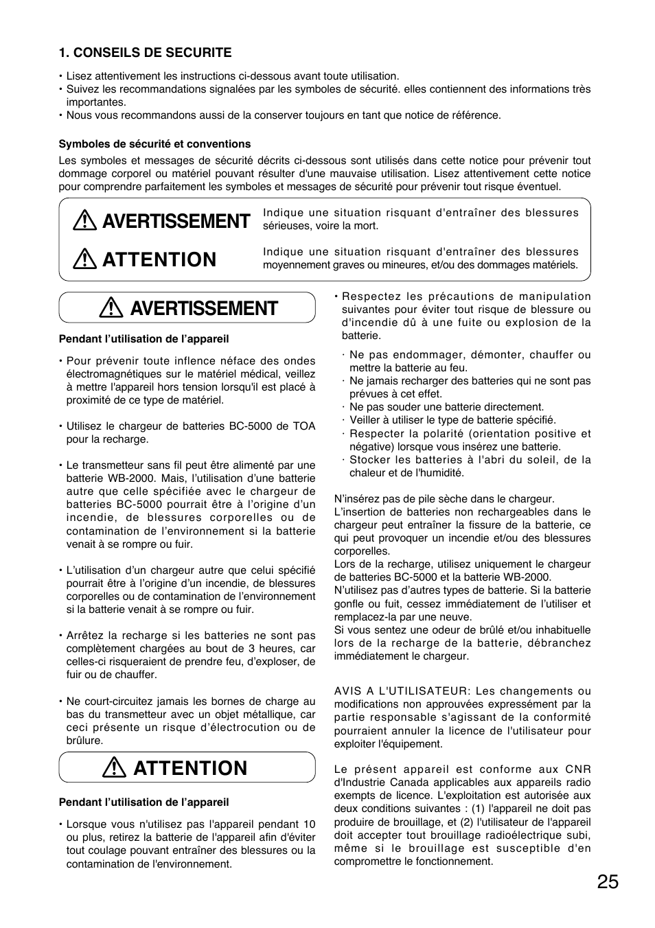 Avertissement attention, Avertissement, Attention | Toa WM-5325 User Manual | Page 25 / 64