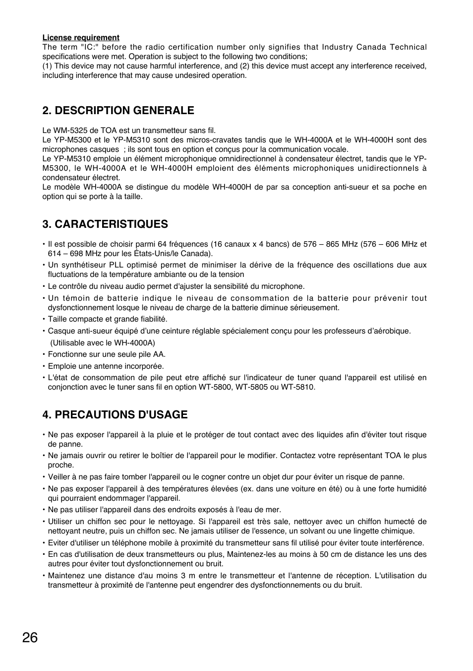 Description generale, Caracteristiques, Precautions d'usage | Toa WM-5325 User Manual | Page 26 / 64