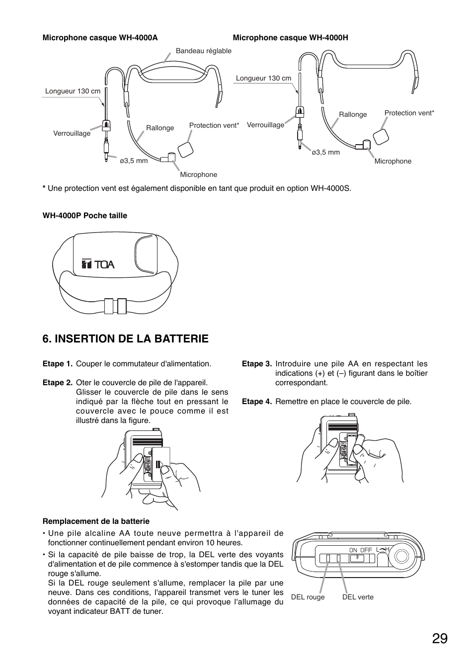 Insertion de la batterie | Toa WM-5325 User Manual | Page 29 / 64