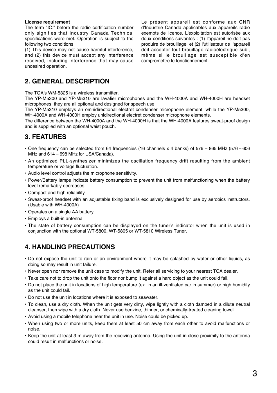 General description, Features, Handling precautions | Toa WM-5325 User Manual | Page 3 / 64